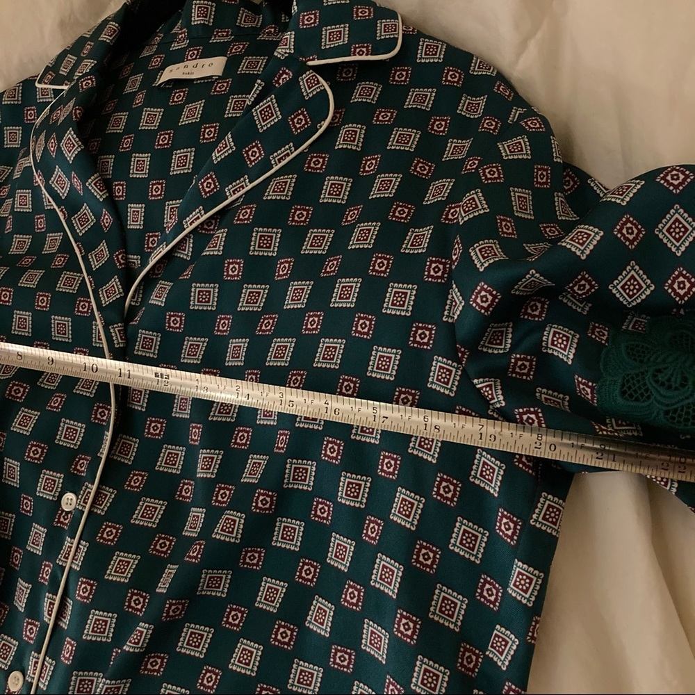Donated | Sandro | Emerald Green Tile-print Satin Blouse - Picture 6 of 6